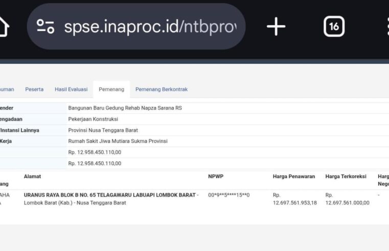 Rumah Sakit Jiwa NTB, Tender Ikut Sakit Jiwa?