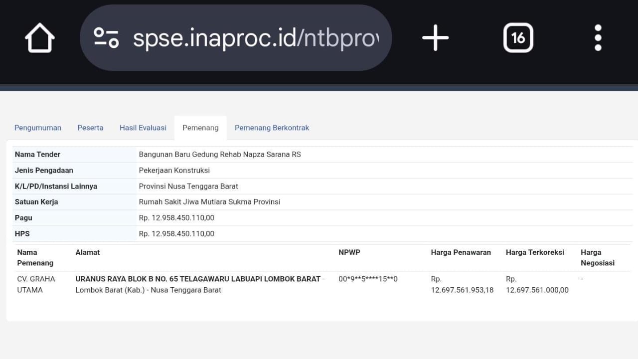 Rumah Sakit Jiwa NTB, Tender Ikut Sakit Jiwa?